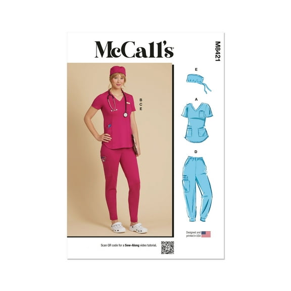 McCall's Sewing Pattern 8421 - Misses' Knit Scrub Tops, Pants, Jogger and Cap, Size: U5 (16-18-20-22-24)