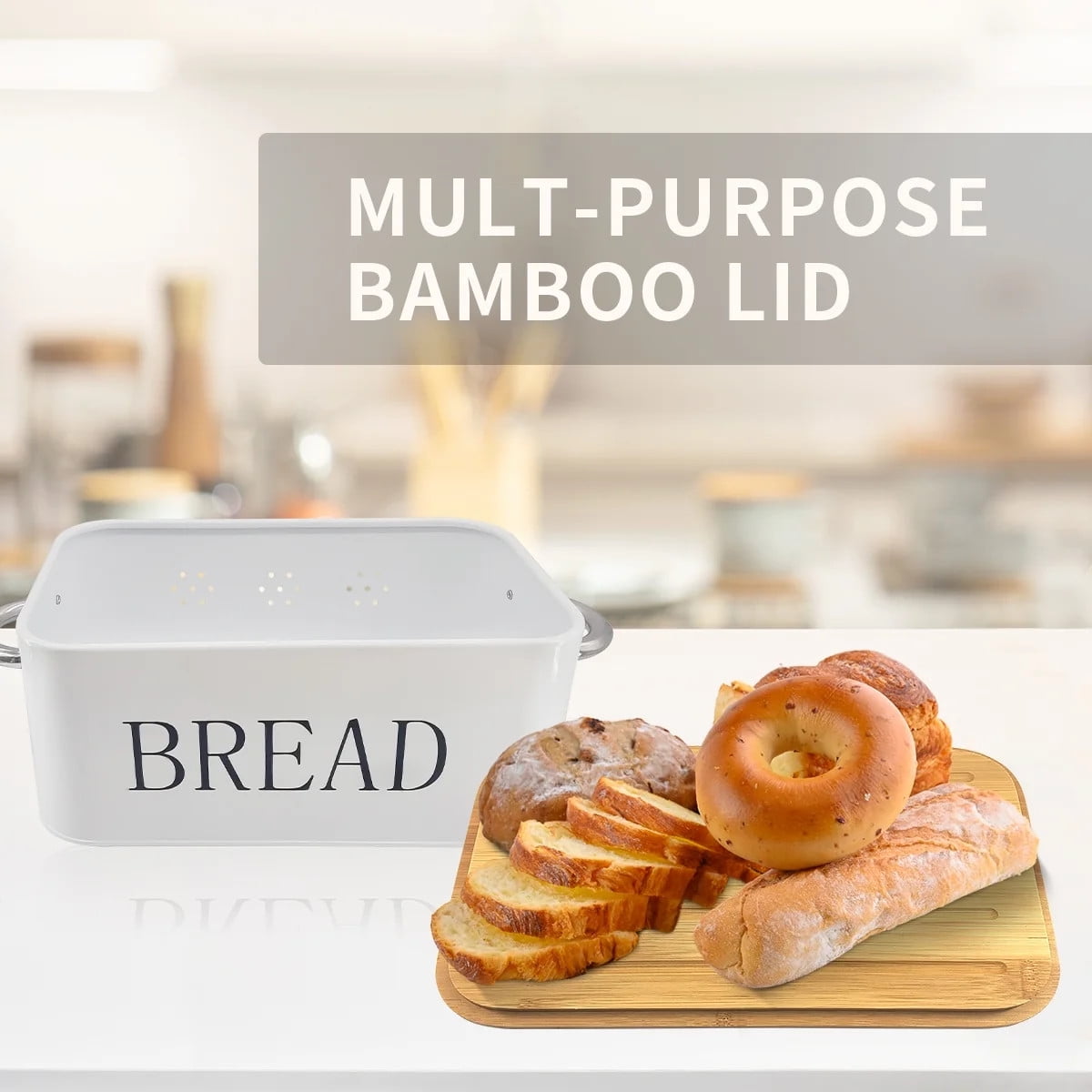 TEAFIRST Large Bread Box, Bread Box Storage with Cutting Board Lid for Kitchen Counters Metal White