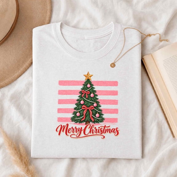 Jollimate T-Shirt for Women, Merry Christmas Tree Pink Stripe Graphic, Festive Holiday Gift
