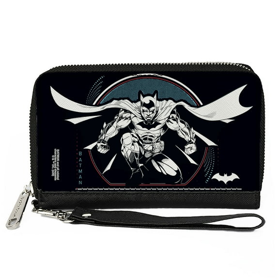 DC Comics Wallet, Zip Around, Batman Crouching Tech Action Pose Black White Blue Red, Vegan Leather