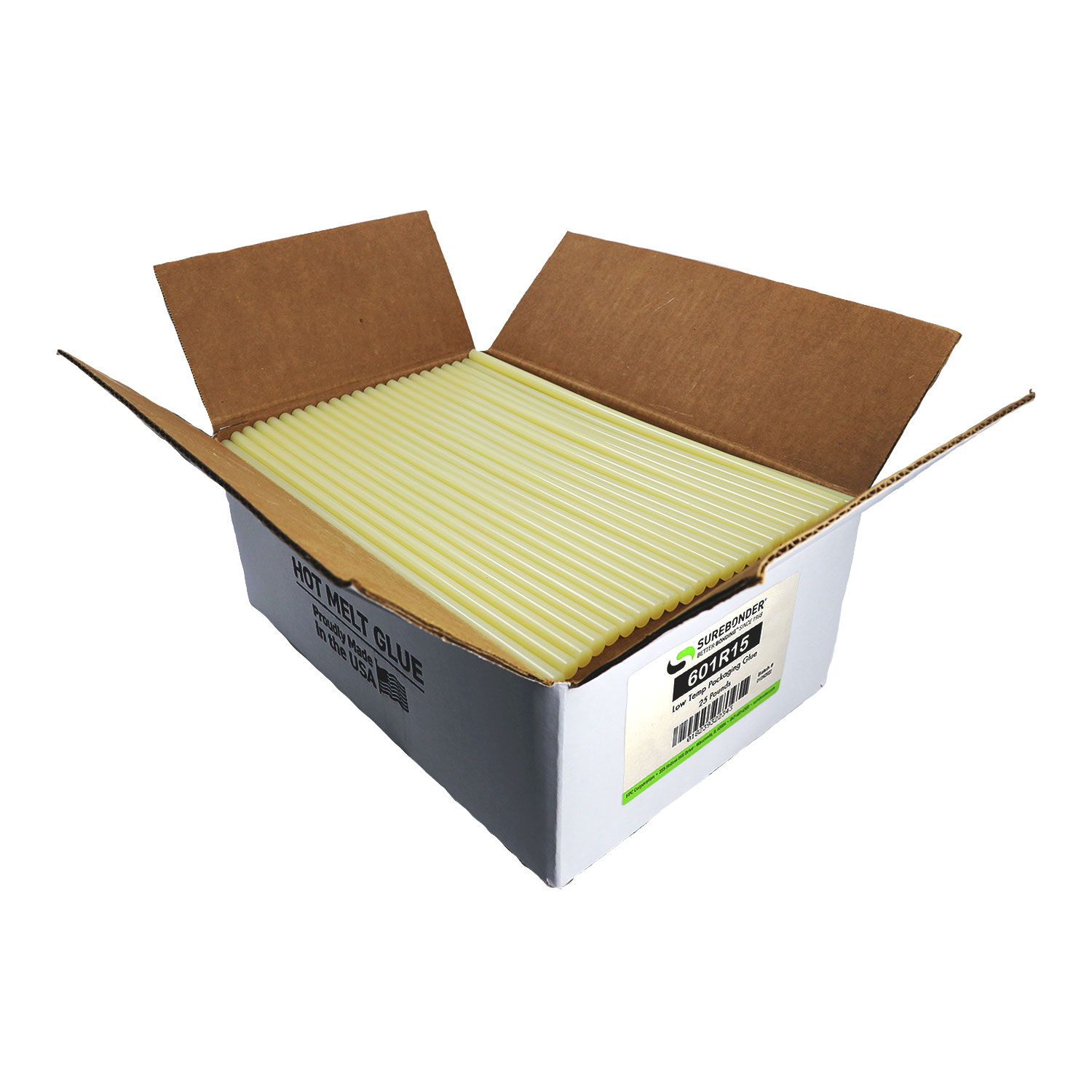 601R15 Low Melt Packaging Glue Sticks - 7/16" x 15" | 25 lb Box