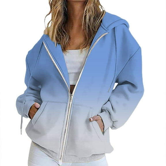 VISALY Womens Zip Up Hoodies Sweater Jacket Fall Jacket Oversized Pocket Sweatshirt Casual Zipper Jacket Solid Color Long Sleeve Tops Comfy Sweaters Plain Hoodie Fall Sweaters Blue L