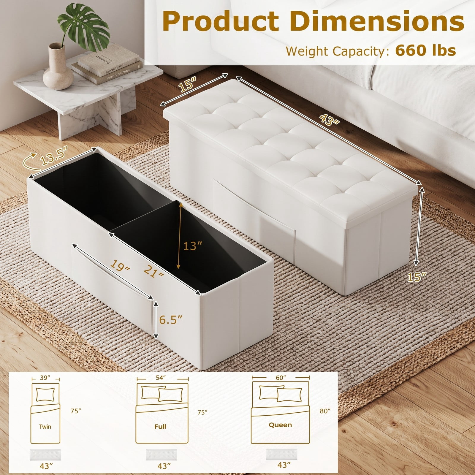 Furnibear 43 Inch Folding PU Leather Storage Ottoman Bench with Divider and Side Pocket for Living Room, Bedroom and Entryway, White