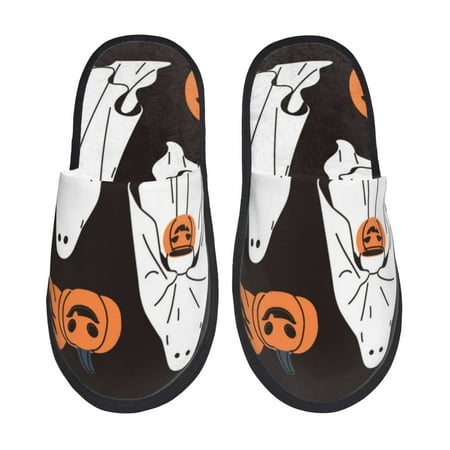 Balery Halloween Ghosts And Pumpkins Slient Indoor Furry Fleece Comfort House Shoes Soft Non-Slip Home Shoes Cotton slippers House Slippers-- Medium