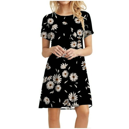

Juebong Women s Casual Plain Loose Short Sleeve Loose Dress Floral Print Sunflower Print Dress