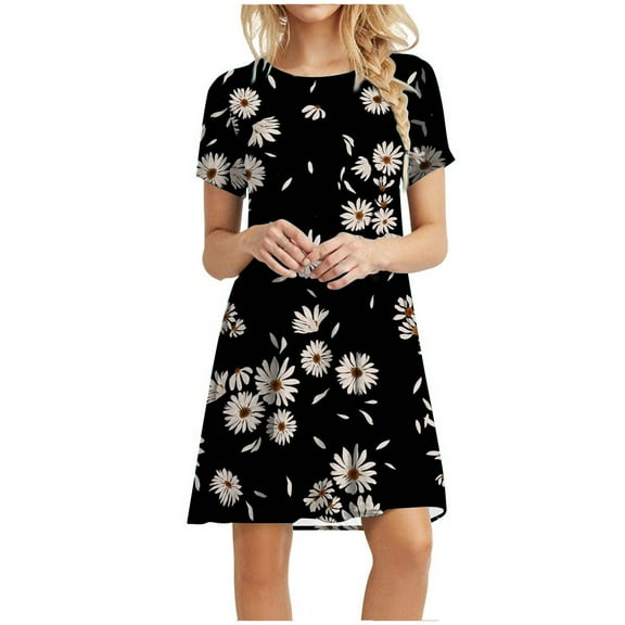Viikei Plus Size Short Sleeve Dress for Women Loose Floral Sunflower Print Dress