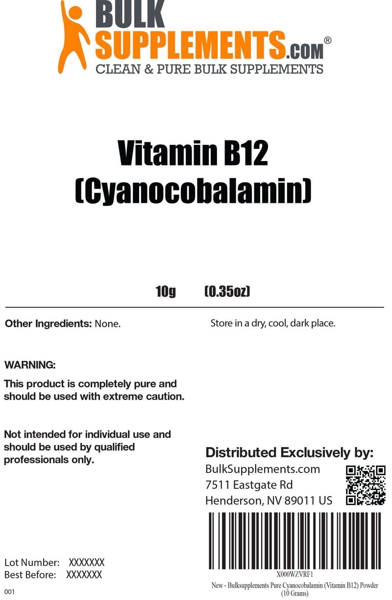 BulkSupplements Pure Vitamin B12 Powder - as Cyanocobalamin - 10 Grams (0.4 oz)