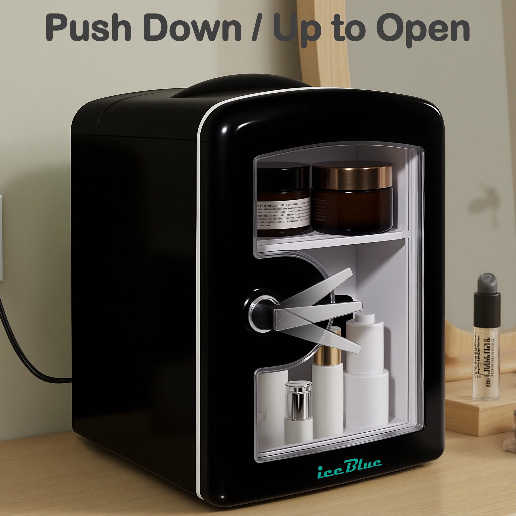 4L/6Can Mini Fridge，Portable Skincare Refrigerator with Transparent Window and Chrome Handle