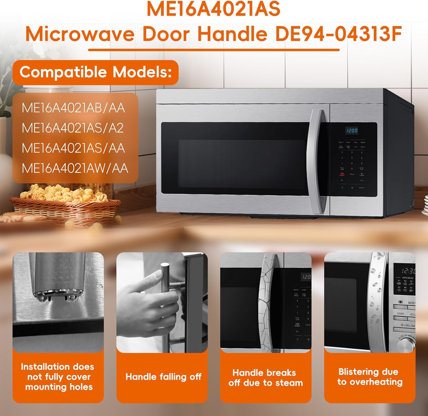 2025 Upgrade ME16A4021AS Microwave Door Handle, Replaces for Samsung DE94-04313F Handle, DE94-04313F Microwave Door Handle, Same as Samsung OEM Microwave Han dle (No Screws)