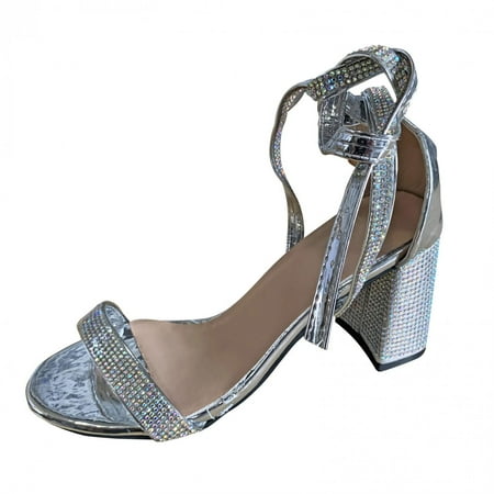 

LoyisViDion Drdrill Rough Heel High Heel Buckle with Exposed Toe Female Sandals Silver 8(39)