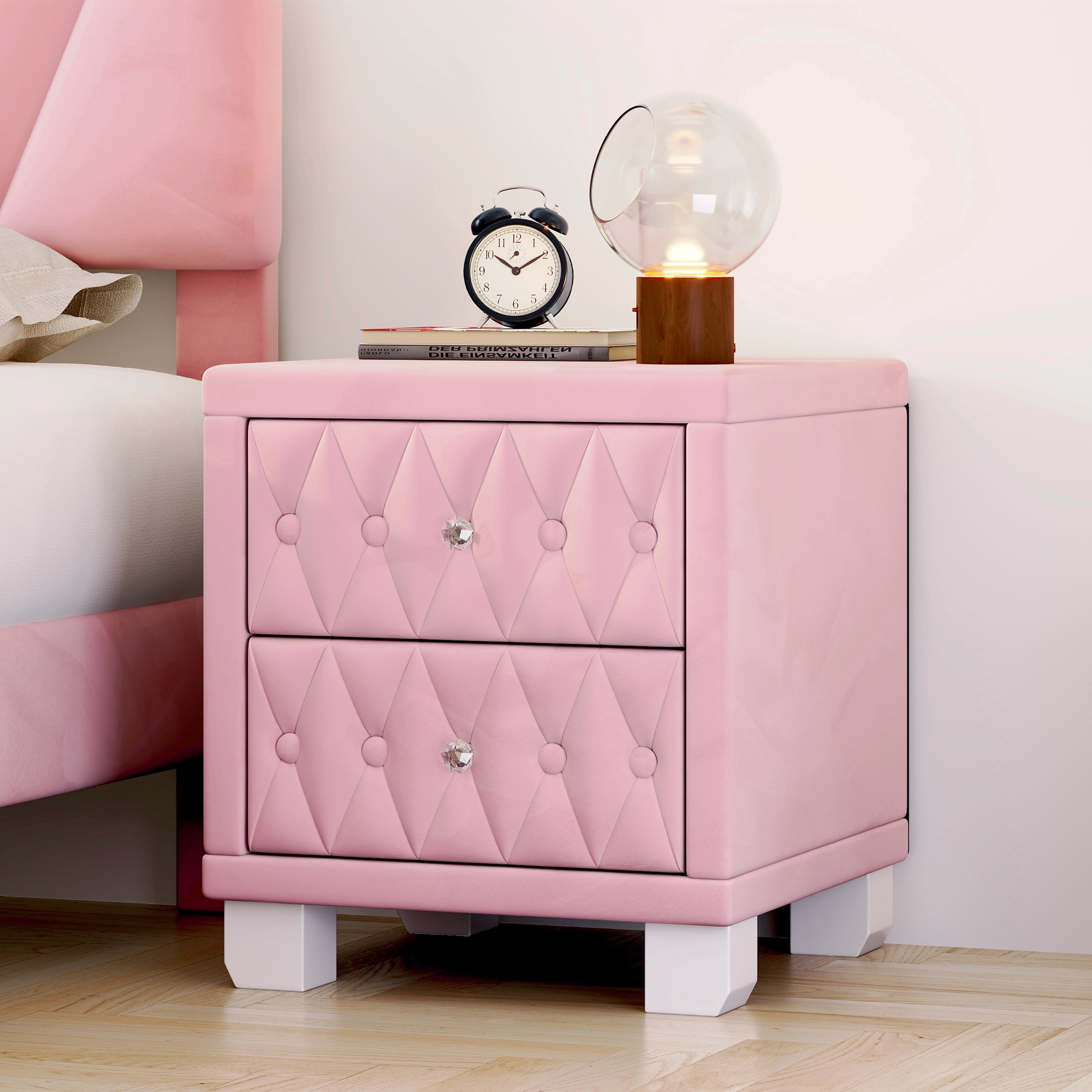 GARITIN Elegant Velvet Nightstand with 2 Drawers & Crystal Handle, Storage Bedside Table with Button-Tufted Design for Bedroom Guest Room, Pink