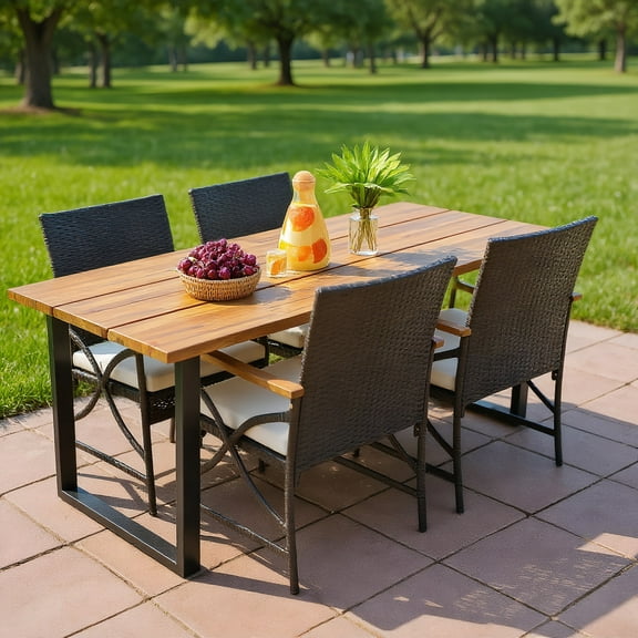 YYAo Patio Dining Table, Outdoor Dining Set, Picnic Set, 5 Pieces Patio Rattan Dining Set with Acacia Wood Tabletop and Armrests
