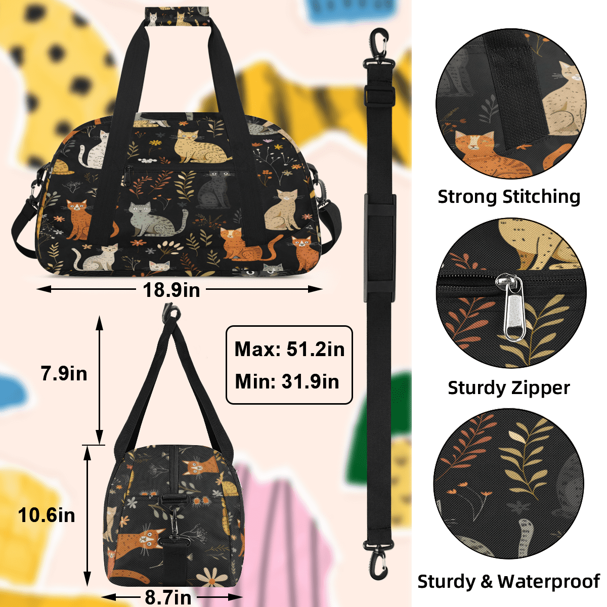 Herdesigns Sports Duffle Bags Travel Duffle Bag Gym Bag Colorful Cats Weekender Travel Bag Waterproof Overnight Bag Carry On Travel Tote Bag Dance Bags