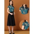 thumbnail image 2 of Blusa de satén para mujer Blusa de trabajo sedosa floral con cuello alto Azul marino S, 2 of 6