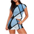 thumbnail image 2 of Viluyesy Printed Tops Elastic Waist Short Pants Sets Womens Round Neck T-Shirt and Shorts 2PC Shirt and Shorts Sets Two PC Blue Size L, 2 of 5