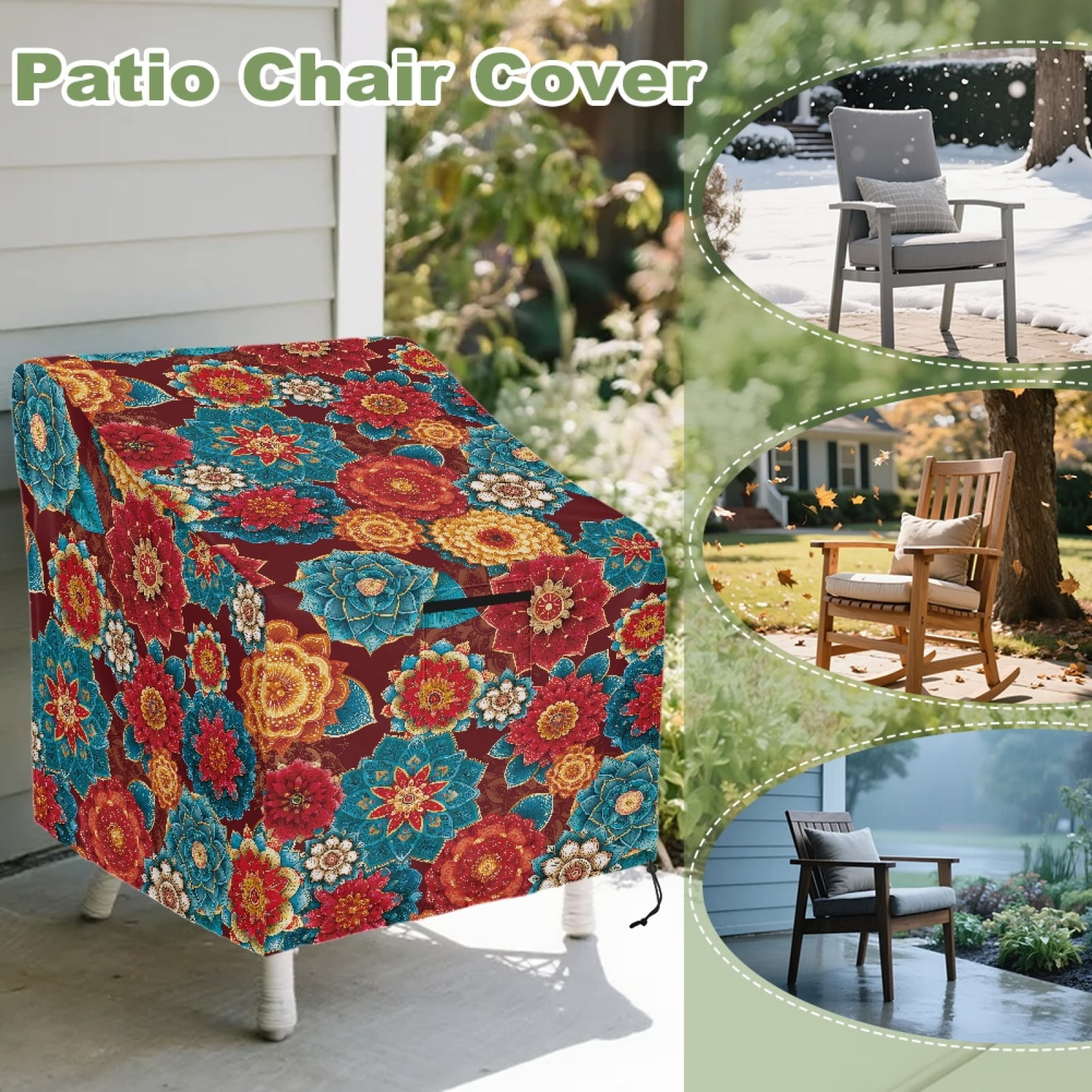 Renewold Waterproof Outdoor Chair Covers UV Protection Dust Proof Swivel Outdoor Chair Cover for Patio Lawn Furniture Fits up to 29W x 33D x 36H Inches, Bohemian Flower Red Blue