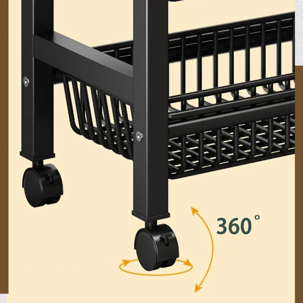 WOWDVOV 3-Tier Kitchen Storage Shelves, Metal Shelf, Adjustable Storage Shelf with Wheels, 23.62"x30.31"x12.99" Living Room Shelf, Kitchen Shelf with 2 Baskets, Black
