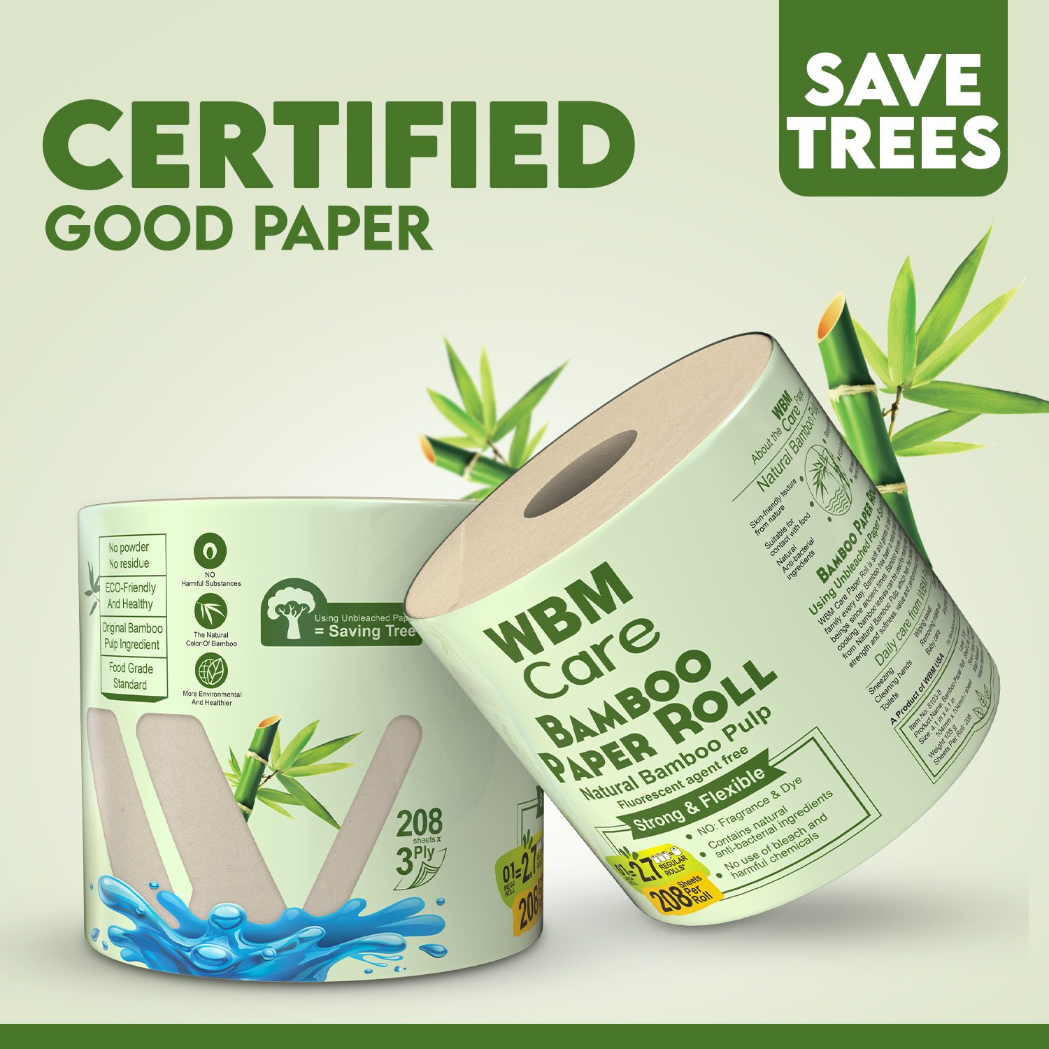 WBM Care Natural Bamboo Toilet Paper, 3-Ply, 10 Rolls photo 4