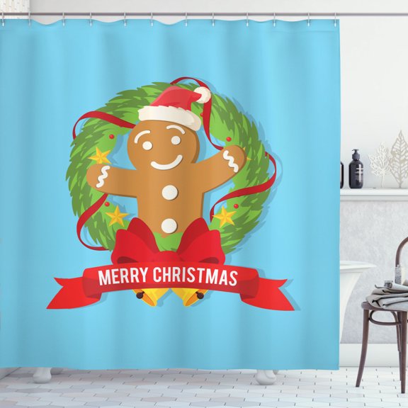 Ambesonne Christmas Shower Curtain, Gingerbread Cookie Wreath, 69"Wx84"L, Sky Blue Multicolor