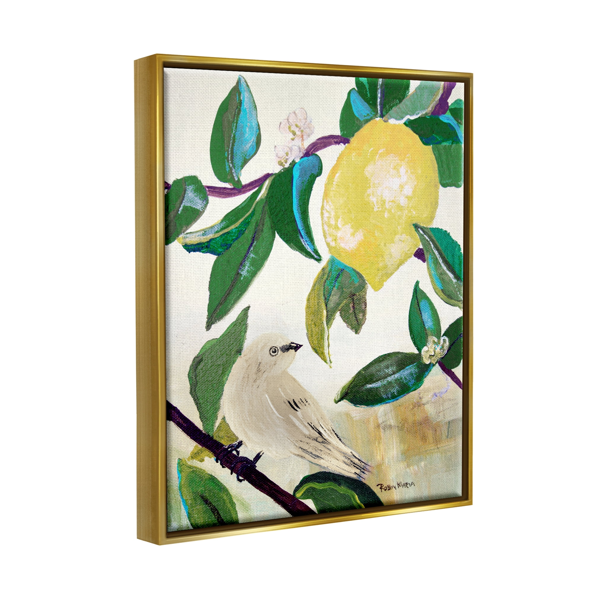 Stupell Industries Vivid Yellow Lemon Citrus Fruit Bird Perched Painting Metallic Gold Floating Framed Canvas Print Wall Art, Design by Robin Maria