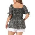 thumbnail image 3 of Plus Size Summer Tops for Women Square Neck Smocked Bow Tie Short Sleeve Peplum Blouse 3X Black Purple, 3 of 5