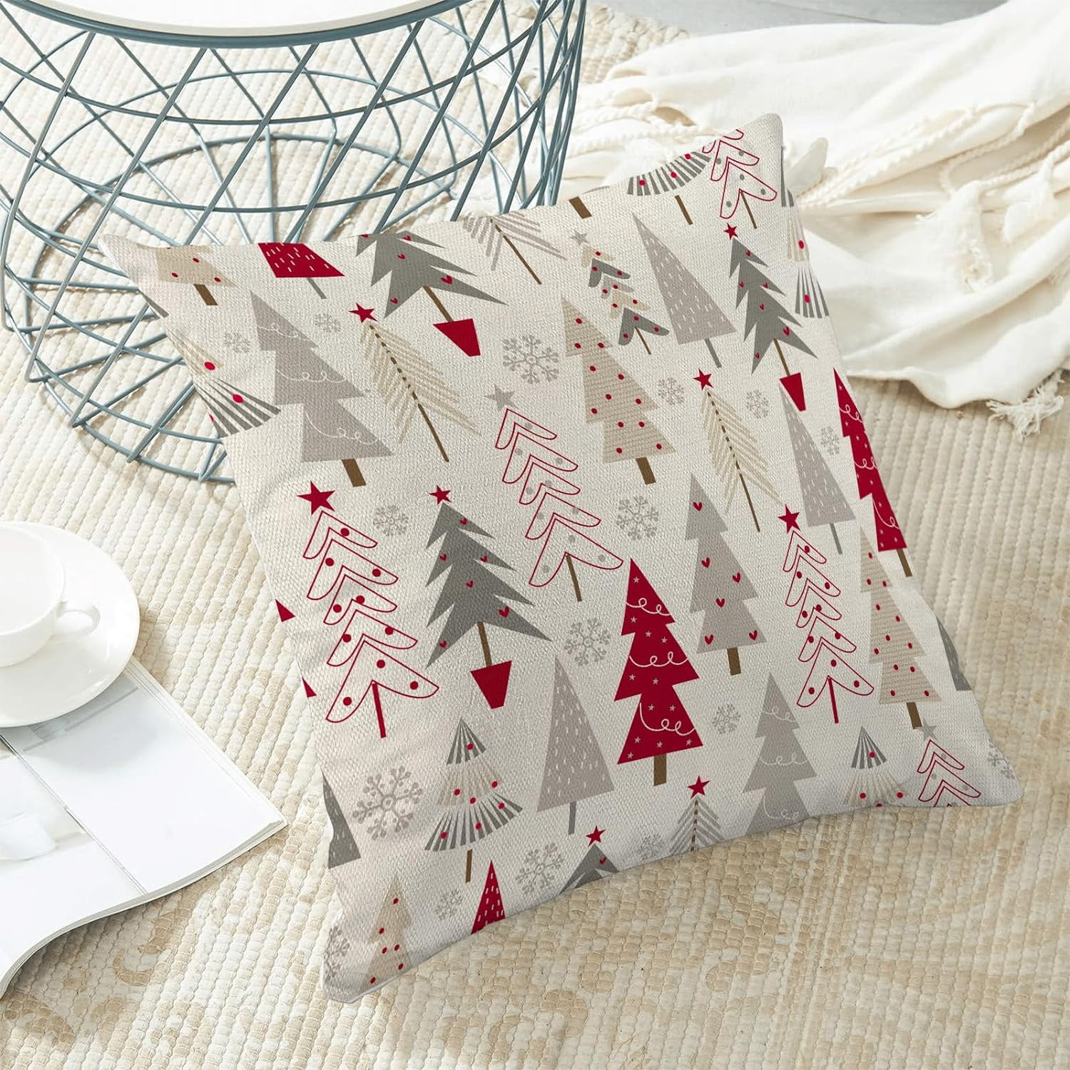 Christmas Pillow Covers 20x20 Set of 2, Colorful Geometric Christmas Tree Throw Pillow Covers Linen Farmhouse Winter Holiday Cushion Case Christmas Decorations for Home Couch Sofa Outdoor