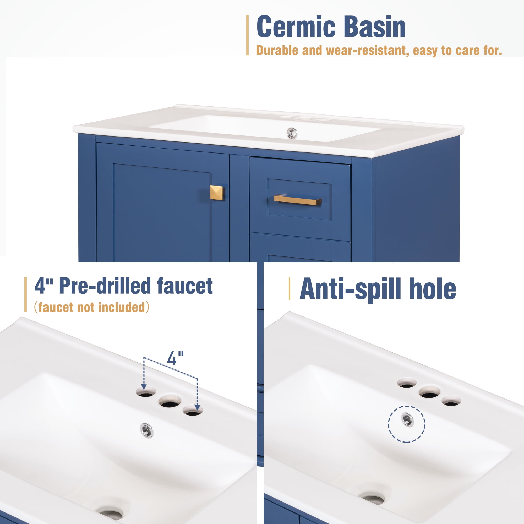 Harper & Bright Designs 30" Bathroom Vanity, Bathroom Cabinet with Sink Combo Set, Bathroom Storage Cabinet with Soft Closing Door and 3 Drawers, Blue