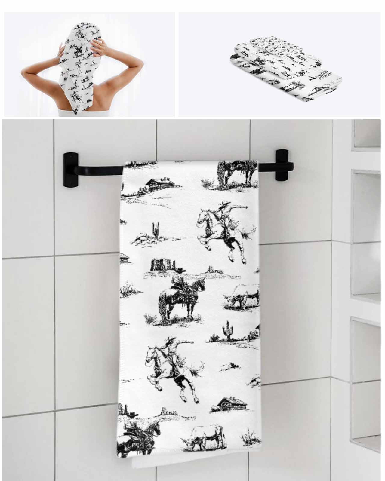 Black Western Cowboy Bath Towels for Bathroom Set,Luxury Microfiber Towels Gifts for Women,Beach Kitchen Hand Hair Face Towel and Dish Washcloth,Vintage Horse Cactus Ethnic Art Towels+Set