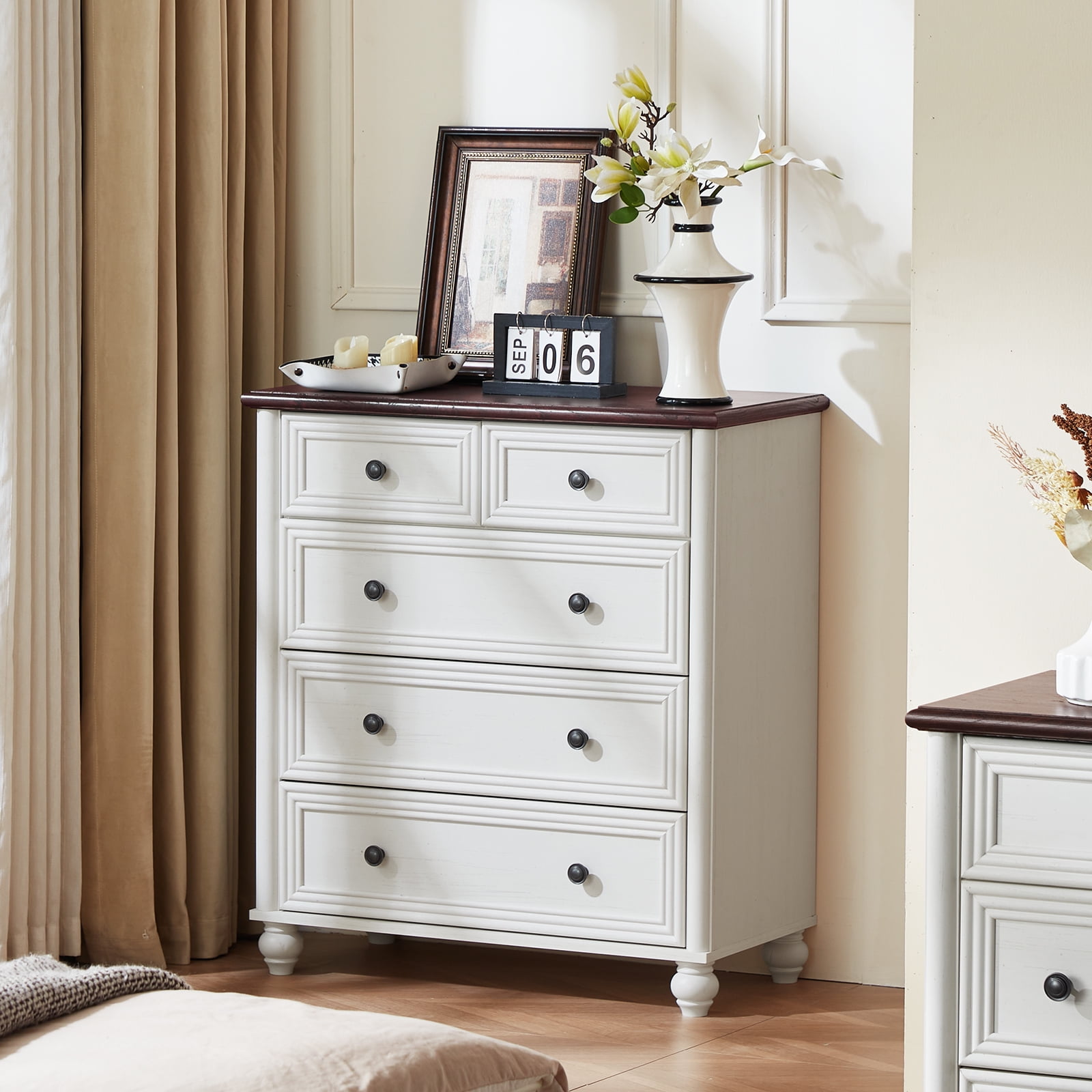 LELELINKY 5-Drawer Wood Dresser for Bedroom, Large Storage Cabinet, Classified Storage Organizer Chest for Living Room, Hallway, Brown & White