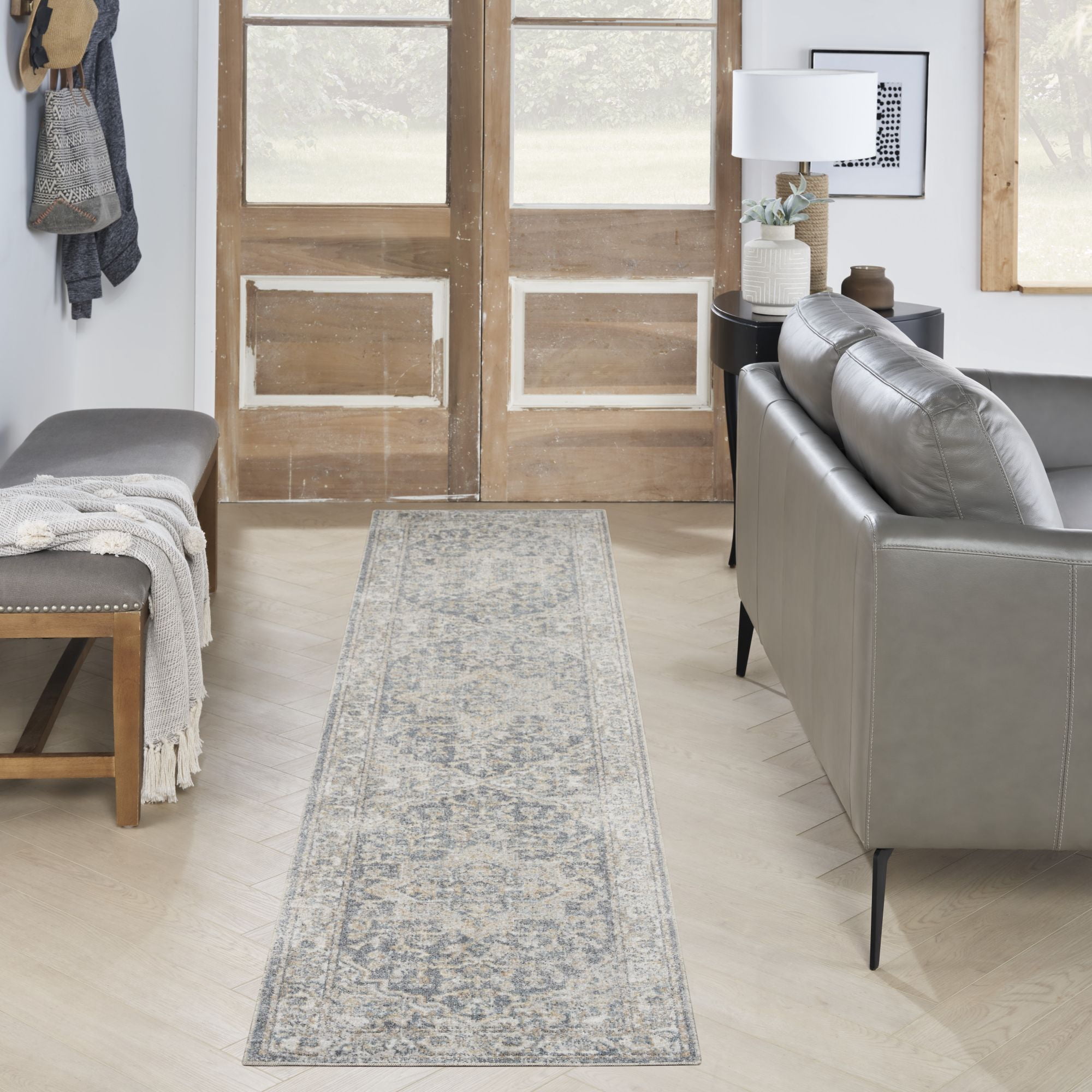 Nourison Astra Machine Washable 2'2" x 12' Grey Blue Vintage Indoor Flatweave Rug