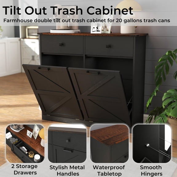 Keepoman Waste Bin Cabinet with Hideaway Drawer, Barn Door Style Laundry Sorter Cabinet and Tilt Out Trash Cabinet, Trash Cabinet with 20 Gallon Trash Cans for Kicthen, Home, Black