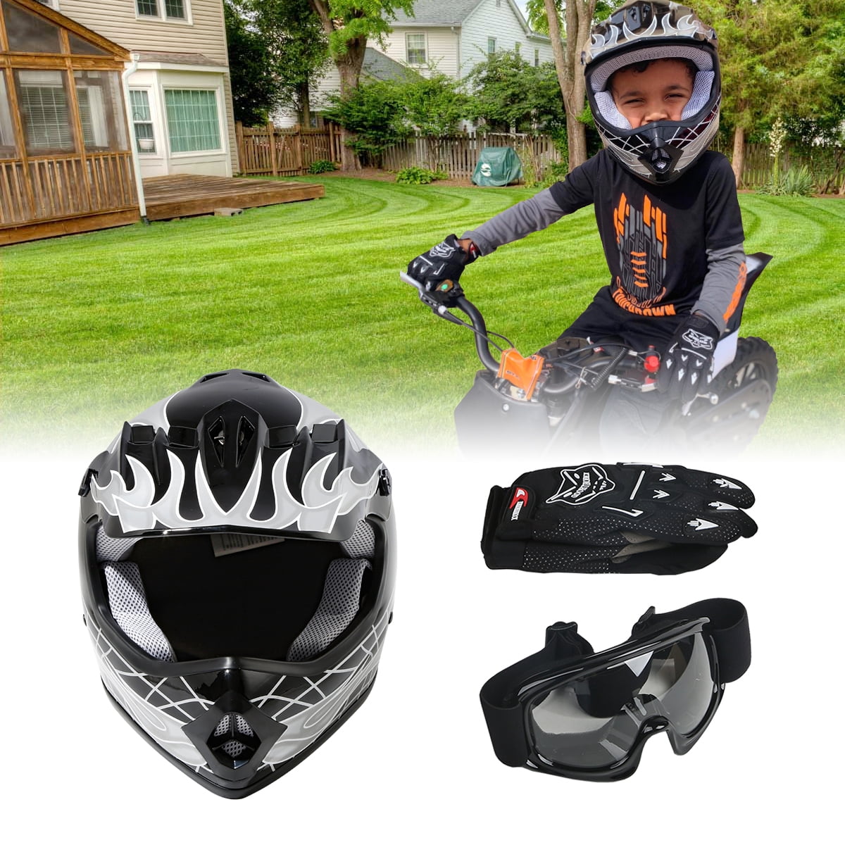 TCMT Helmet for Kids Black Skull with Goggles & Gloves DOT