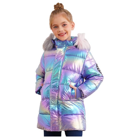 Jizyo Winter Puffer Jackets for Girls Hood Snowsuit Padded Overcoat Fleece Lined Down Coat Purple 120/6-7Y/M