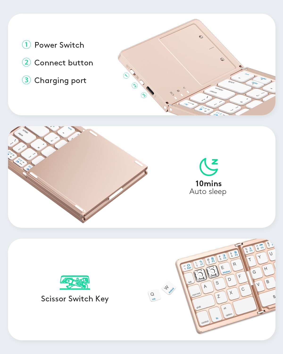 Foldable Bluetooth Keyboard with Touchpad - Portable Wireless Keyboard with Holder, Rechargeable Full Size Ultra Slim Pocket Folding Keyboards for Android Windows iOS Tablet & Laptop - Black