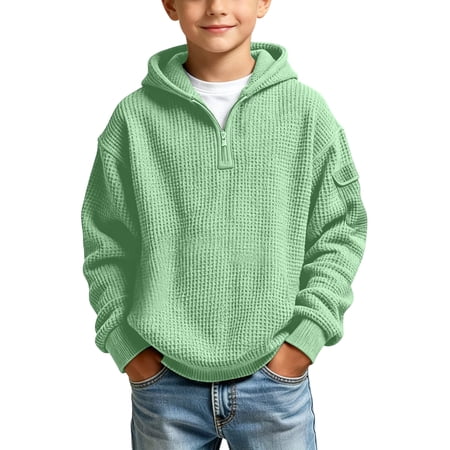 Fancifize Long Sleeve Lightweight Hoodies for Boys Kids Quarter Zip Waffle Texture Winter Warm Hooded Sweatshirt with Pockets