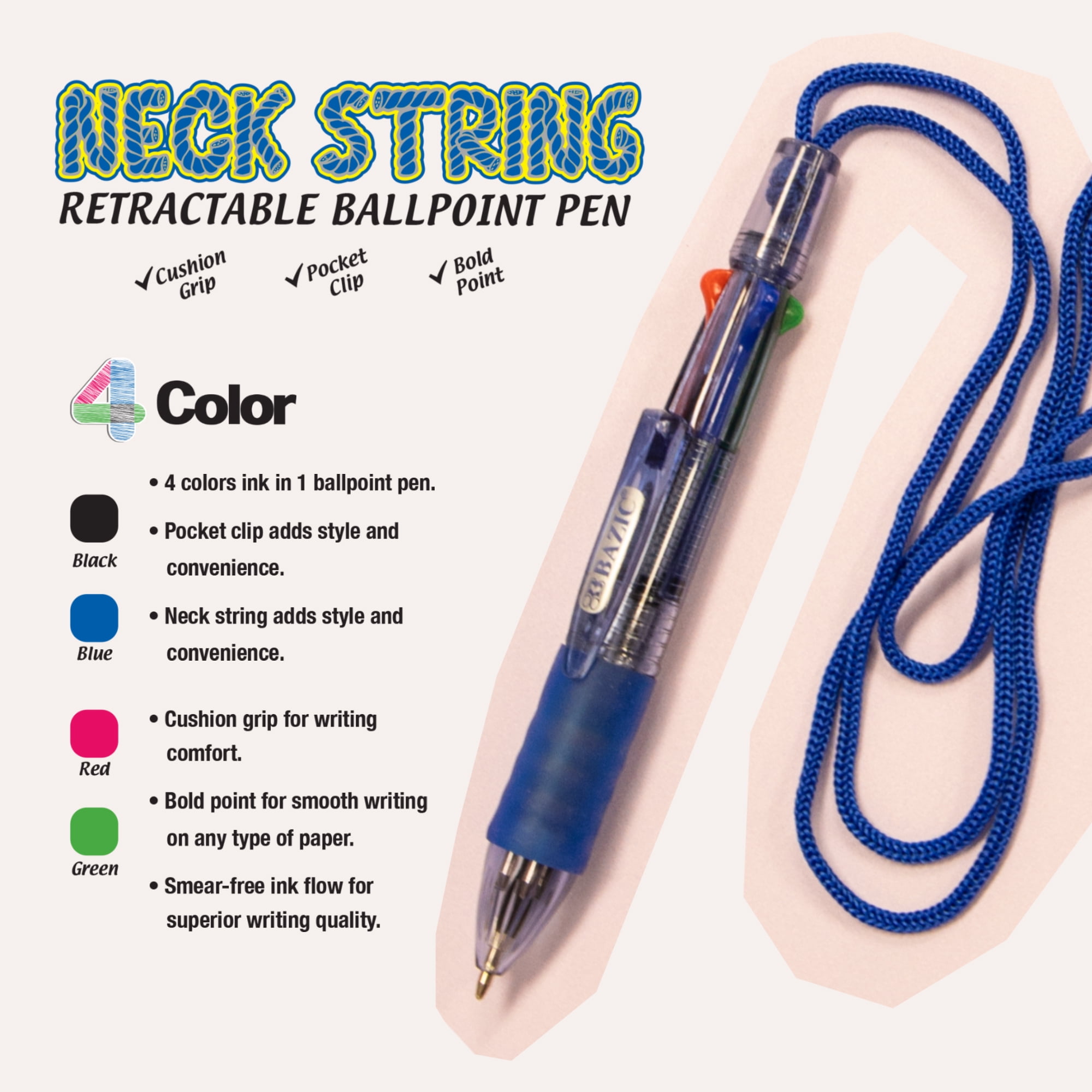 BAZIC 4-Color Ballpoint Neck Pen w/ Soft Grip, 1.0 mm, (1/Pack), 4-Pack