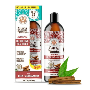 GuruNanda Coconut & Cinnamon Oil Pulling Flavor   Neem & Ashwagandha - Oral Rinse Mouthwash - 8 oz