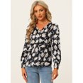 thumbnail image 4 of Blusa de satén floral Allegra K Blusas de manga larga con botones y cuello En V Negro XS, 4 of 6