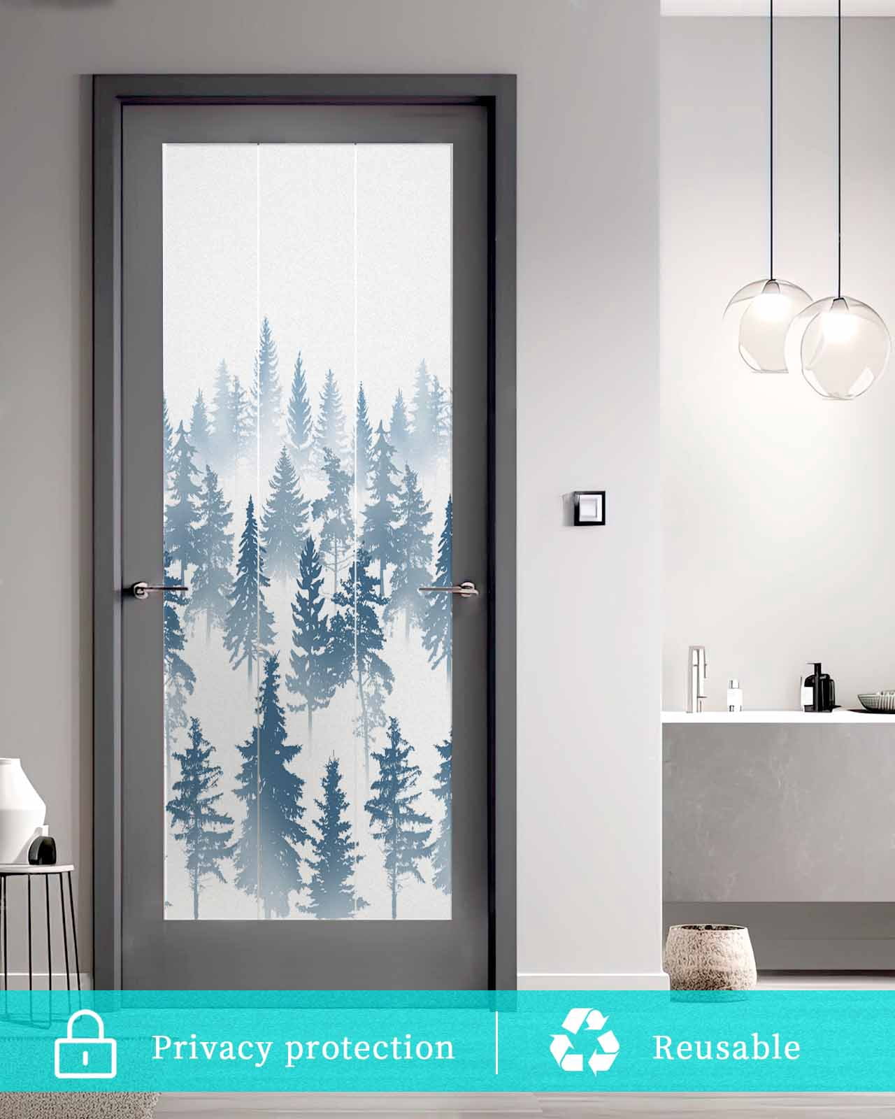 Window Privacy Film, Dark Blue Forest UV Sun Blocking Window Tint Film Heat Control One Way Blackout Window Film, Modern Abstract Silhouette Art Non Adhesive Static Cling Window Sticker 29.5x78.7 In