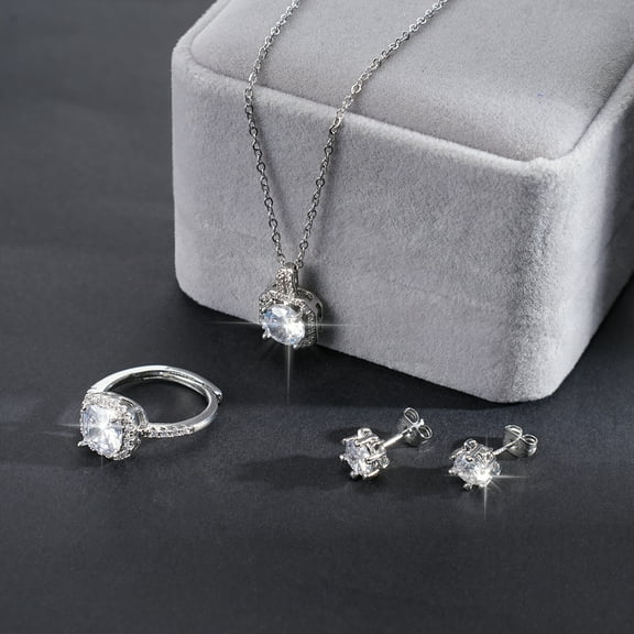4 Pack Set Silver-Plated Jewelry with Zirconia for Women - Includes Necklace, Ring, and Earrings - Elegant Design, Hypoallergenic, Ideal Gift for Anniversaries, Birthdays, and Special Occasions
