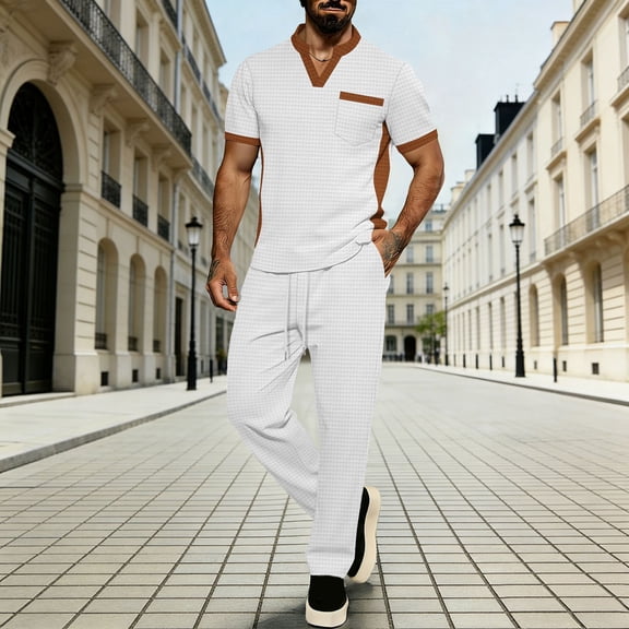 Xcmzpl Men's Walking Suits 2 Piece Short Sleeve T-Shirts Long Pants Waffle Knit Sweat Suits Tops Pants Sets Color Block Outfits with Pocket S-3XL