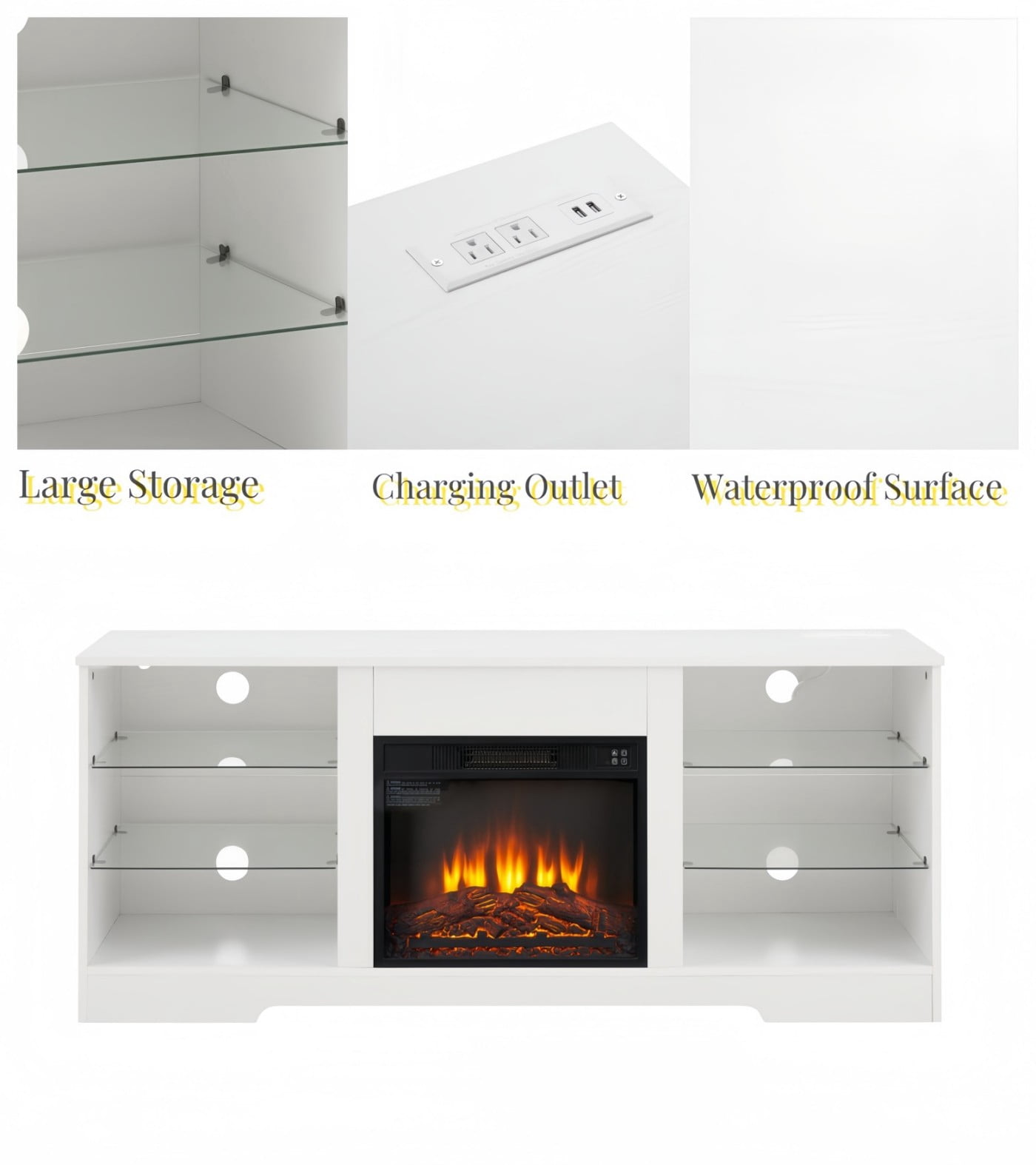 Electric Fireplace TV Stand for 65 Inch TV, 58" Modern Entertainment Center with LED Lights & Glass Shelves, 3D Flame Media Console with Storage Cabinet USB Charging Outlet, White
