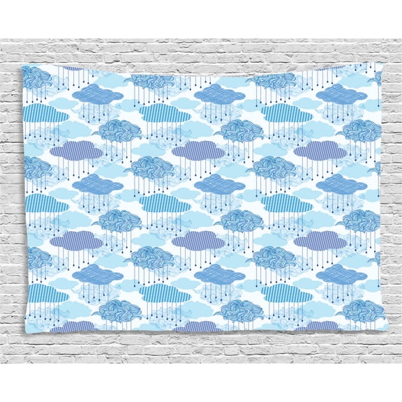 Cloud Tapestry, Stylized Nimbus Clouds Tangled Checkered Polka Dot Pattern, Wall Hanging for Bedroom Living Room Dorm Decor, 80W X 60L Inches, Turquoise Azure Blue and Baby Blue, by Ambesonne
