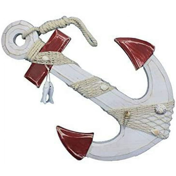 Wooden Rustic Red/White Decorative Anchor w/ Hook Rope and Shells 18"