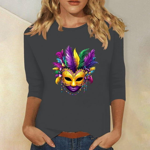 Nuoqisi T-Shirt Imprimé pour Célébration de Carnaval - T-Shirt Décontracté à Col Rond et Manches 3/4 pour Femmes, pour Parades de Festival, Fêtes de Costumes, Tenues de Style Urbain Coloré et Thème de Mascarade