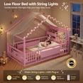 thumbnail image 2 of Twin Size Bed Frame with Montessori Storage Bookshelf, Globe String Lights, Door and High Rails, House Shaped Metal Floor Bed with Wood Slats&Side Pockets,  Modern Platform Beds, Pink, 2 of 9