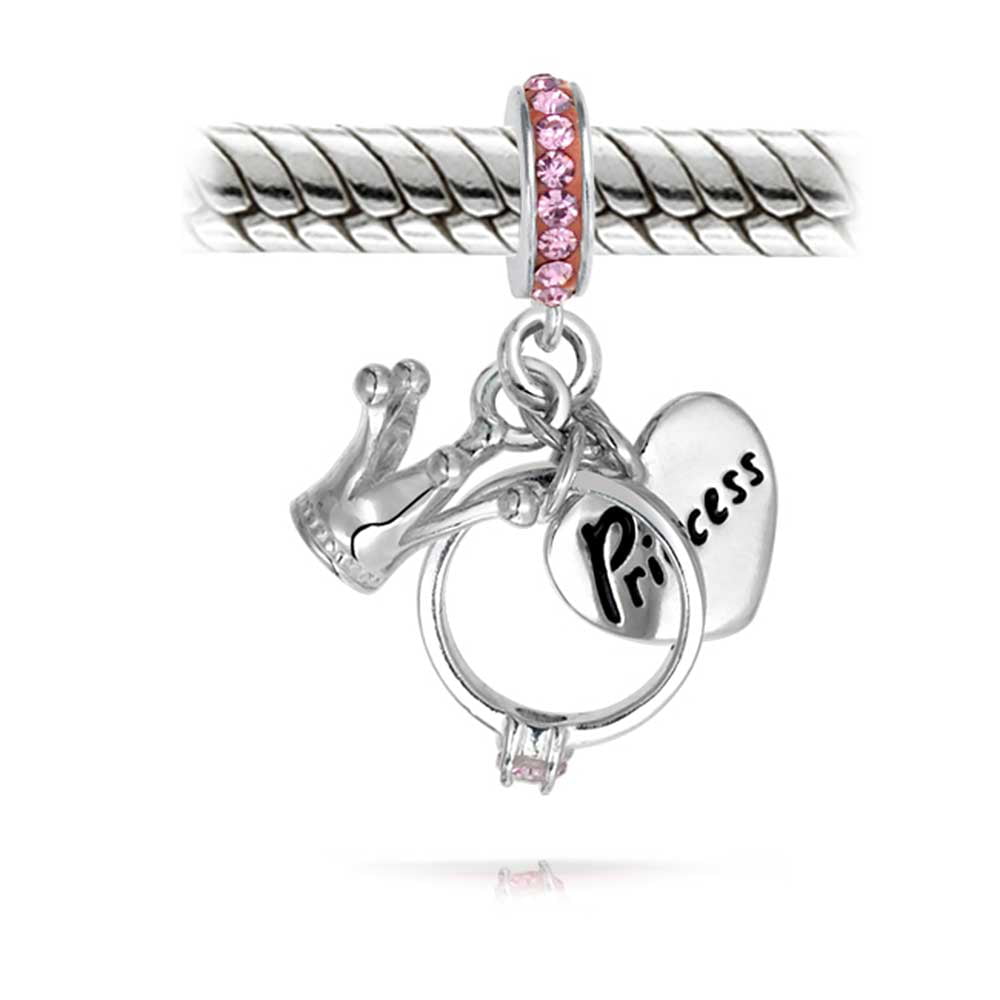 Pink Heart Princess Crown European Bead For European Charm Bracelets