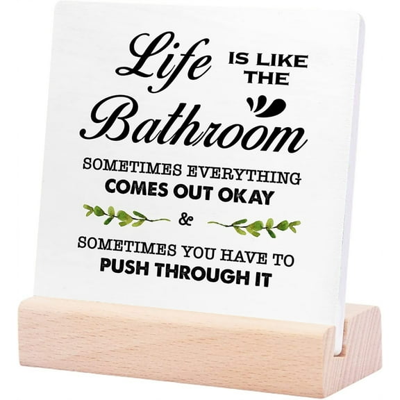 Ceramic Sign 4x4Inch Life Is Like The Bathroom Wooden Sign Desk Decor Funny Farmhouse Bathroom Plaque Sign with Wood Stand For Bathroom Shelf Toilet Decor Gift For Women Men