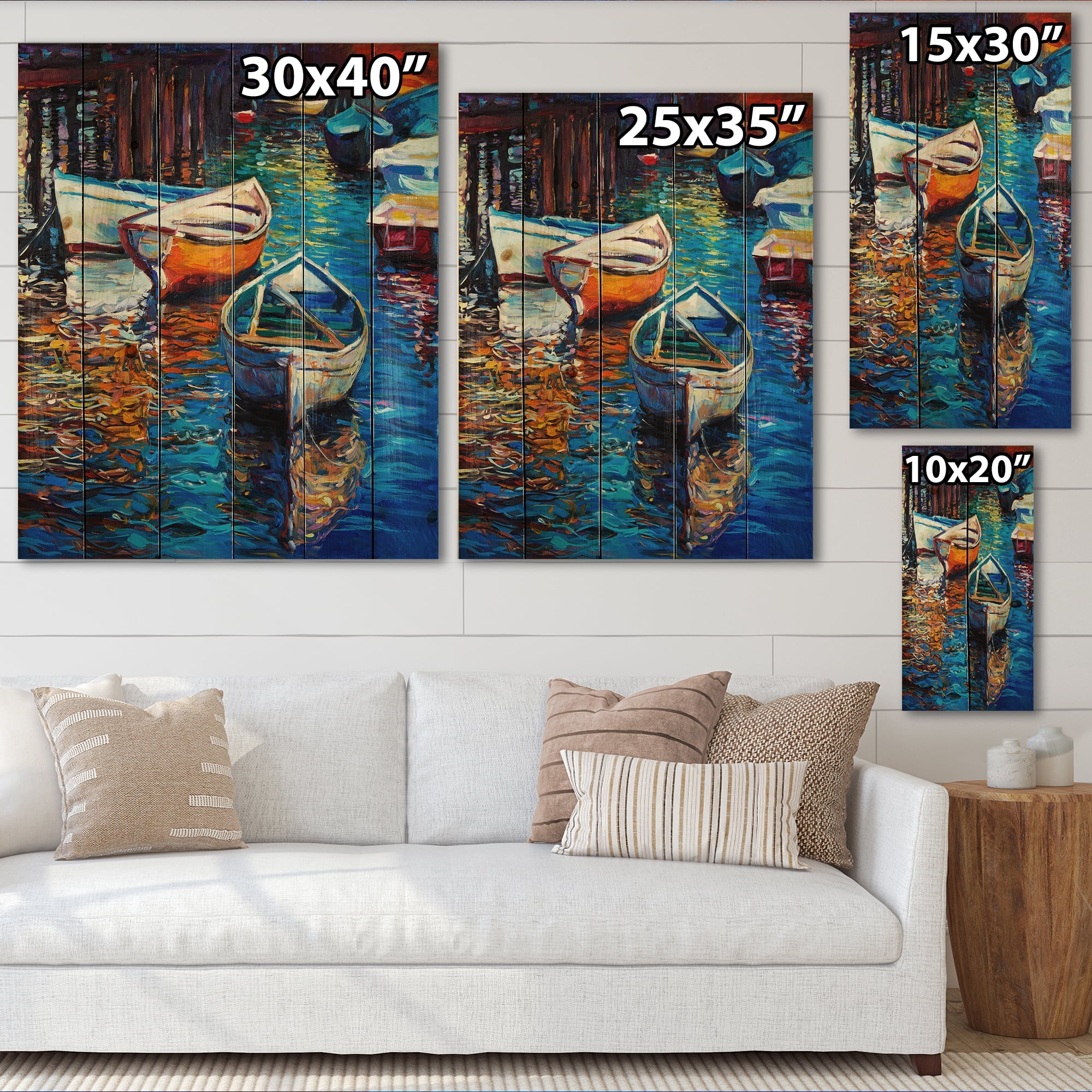 Designart 'Boats During Warm Sunset Resting On The Water X' Nautical & Coastal Print on Natural Pine Wood
