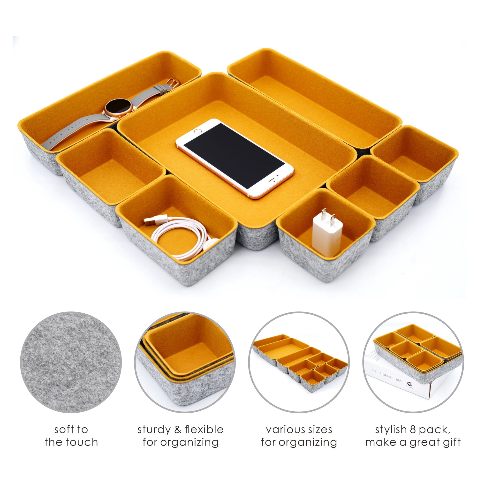 Welaxy desk drawer organizers tray dividers small shallow felt storage box sturdy soft bin for office suppliers entryway catchall key holder makeup crafts pens decluttering 8-piece gifts idea (Curry)